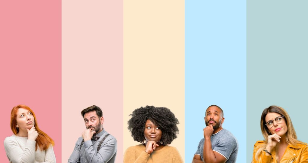Image of five people each having their hands on their chin with a pensive expression. Background has five columns each a different color. Topic: hiring digital freelancers