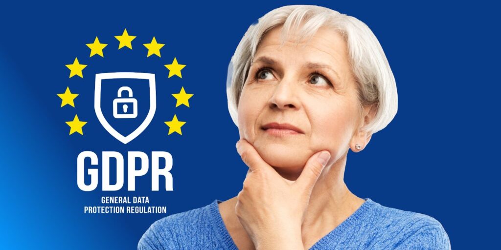 Woman holding hand on chin, gazing up to the side with pensive expression with a royal blue background. To the side is an image of 9 stars surrounding a lock icon. Underneath is written "GDPR - GENERAL DATA PROTECTION REGULATION". Topic: GDPR for us-based websites