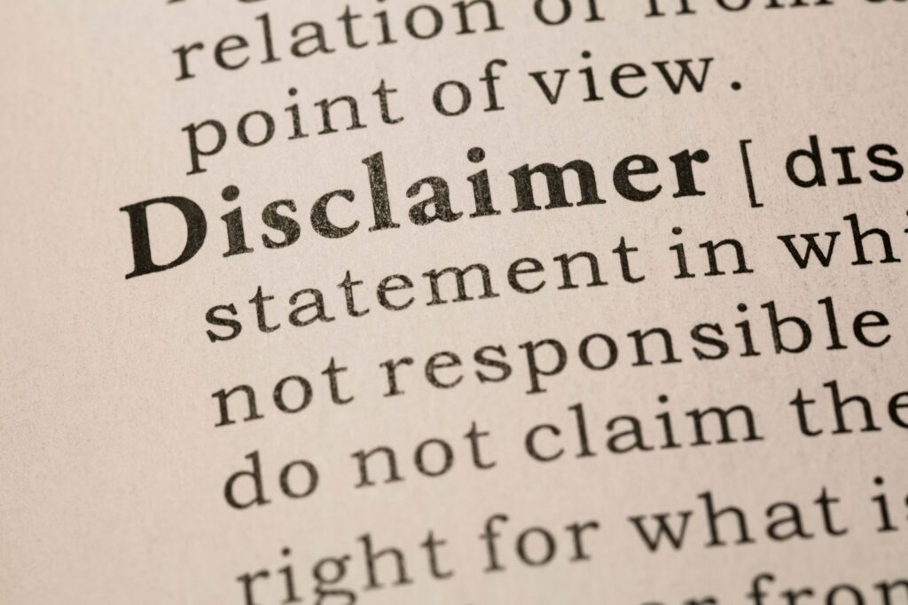 Image of the word "disclaimer" in bolded text with its definition partially visible. Topic: legal disclaimers for online businesses