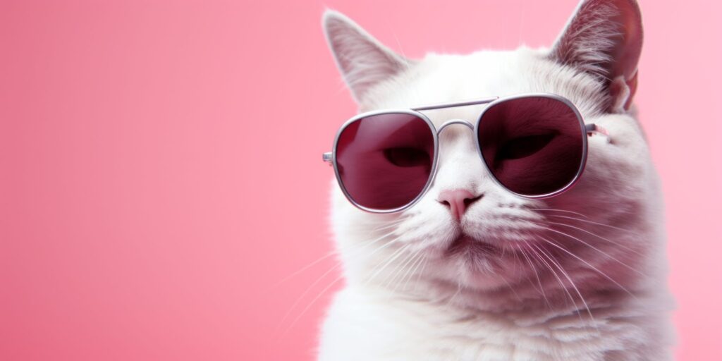 Image of head of white cat, has aviator sunglasses on covering its eyes with a pink background. Topic: protect online course content